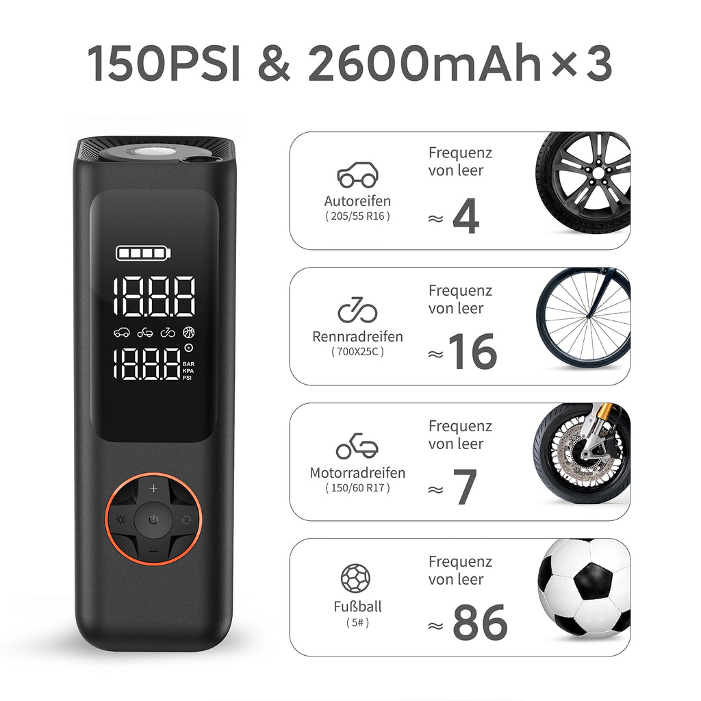 QiCYCLE P1, Luftpumpe, elektrisch und tragbar, max 10,3bar für Autos, Motorräder, Fahrräder, Bälle; Luftdruckanzeige, 7800mAh Akku, als Powerbank