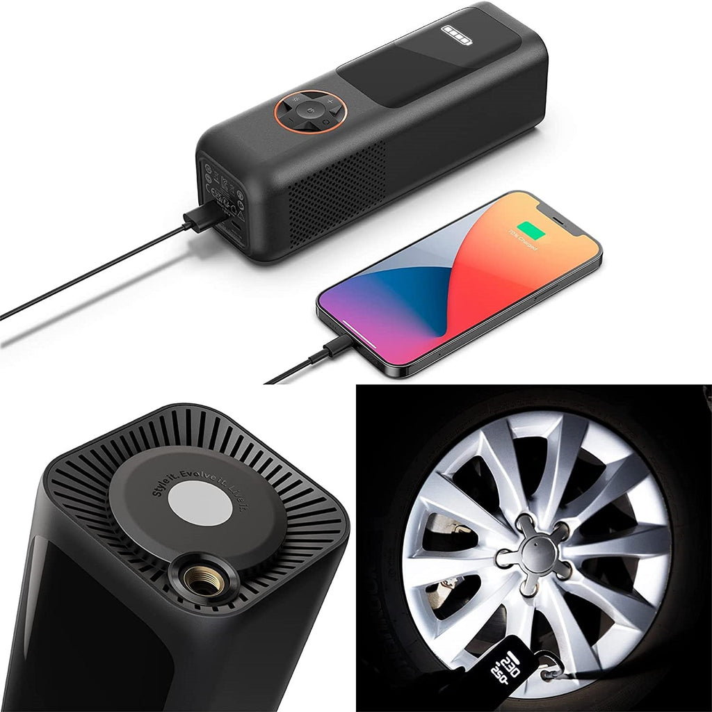 QiCYCLE P1, Luftpumpe, elektrisch und tragbar, max 10,3bar für Autos, Motorräder, Fahrräder, Bälle; Luftdruckanzeige, 7800mAh Akku, als Powerbank