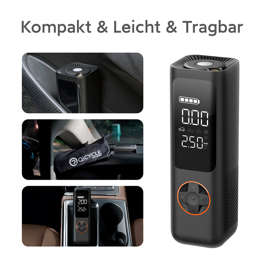 QiCYCLE P1, Luftpumpe, elektrisch und tragbar, max 10,3bar für Autos, Motorräder, Fahrräder, Bälle; Luftdruckanzeige, 7800mAh Akku, als Powerbank