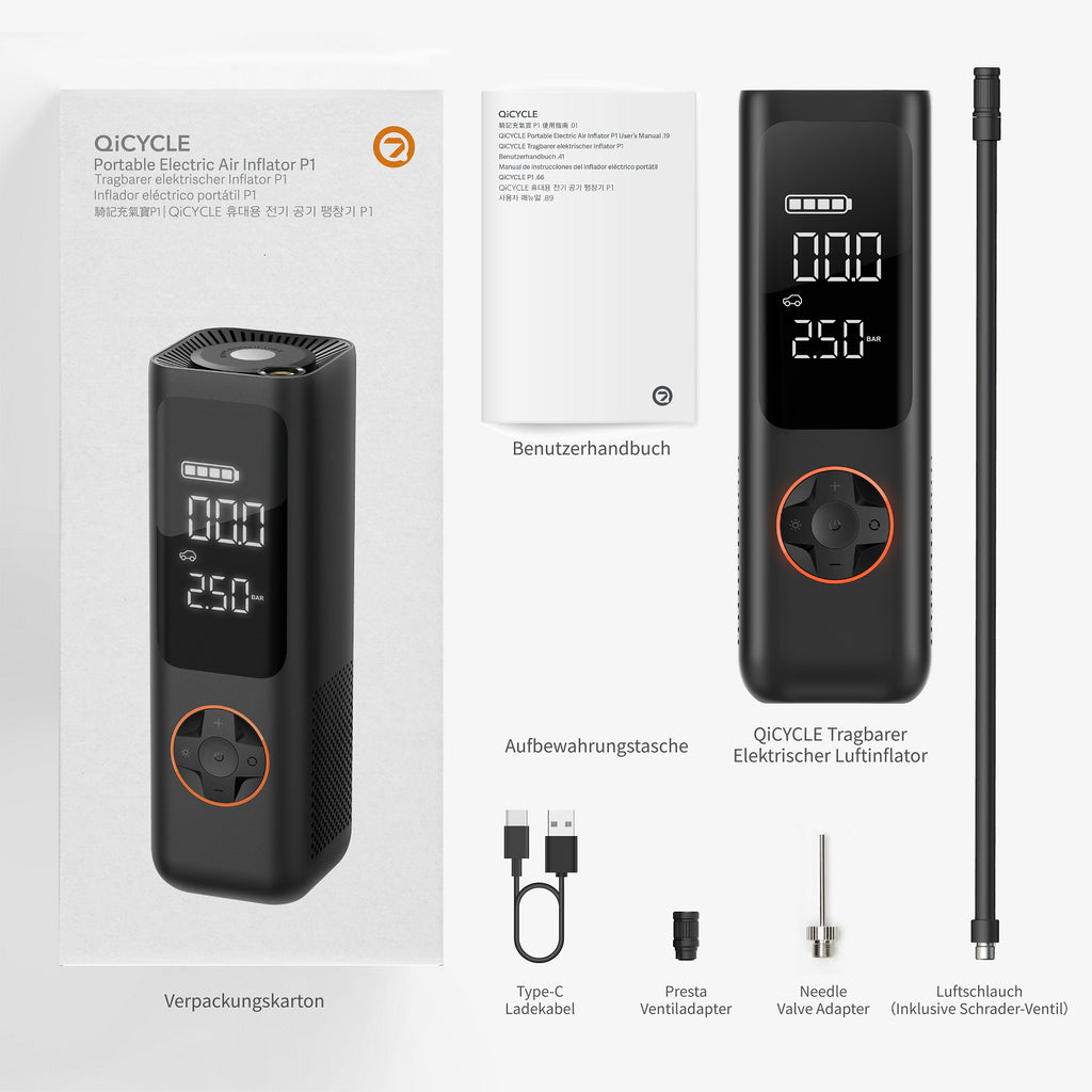 QiCYCLE P1, Luftpumpe, elektrisch und tragbar, max 10,3bar für Autos, Motorräder, Fahrräder, Bälle; Luftdruckanzeige, 7800mAh Akku, als Powerbank