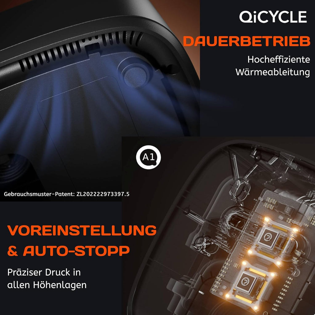 QiCYCLE A1, 12V Elektrische Luftpumpe, Tragbare Autopumpe aus der Xiaomi Eco-Chain, Reifenfüllkompressor,  mit ein Schrader-/Presta-Anschluss