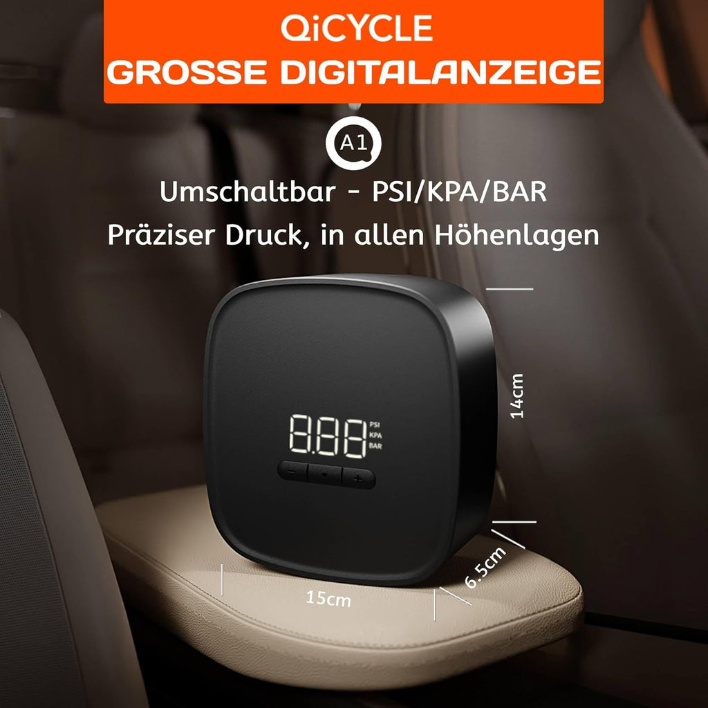 QiCYCLE A1, 12V Elektrische Luftpumpe, Tragbare Autopumpe aus der Xiaomi Eco-Chain, Reifenfüllkompressor,  mit ein Schrader-/Presta-Anschluss