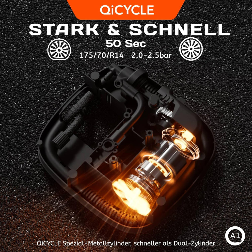 QiCYCLE A1, 12V Elektrische Luftpumpe, Tragbare Autopumpe aus der Xiaomi Eco-Chain, Reifenfüllkompressor,  mit ein Schrader-/Presta-Anschluss