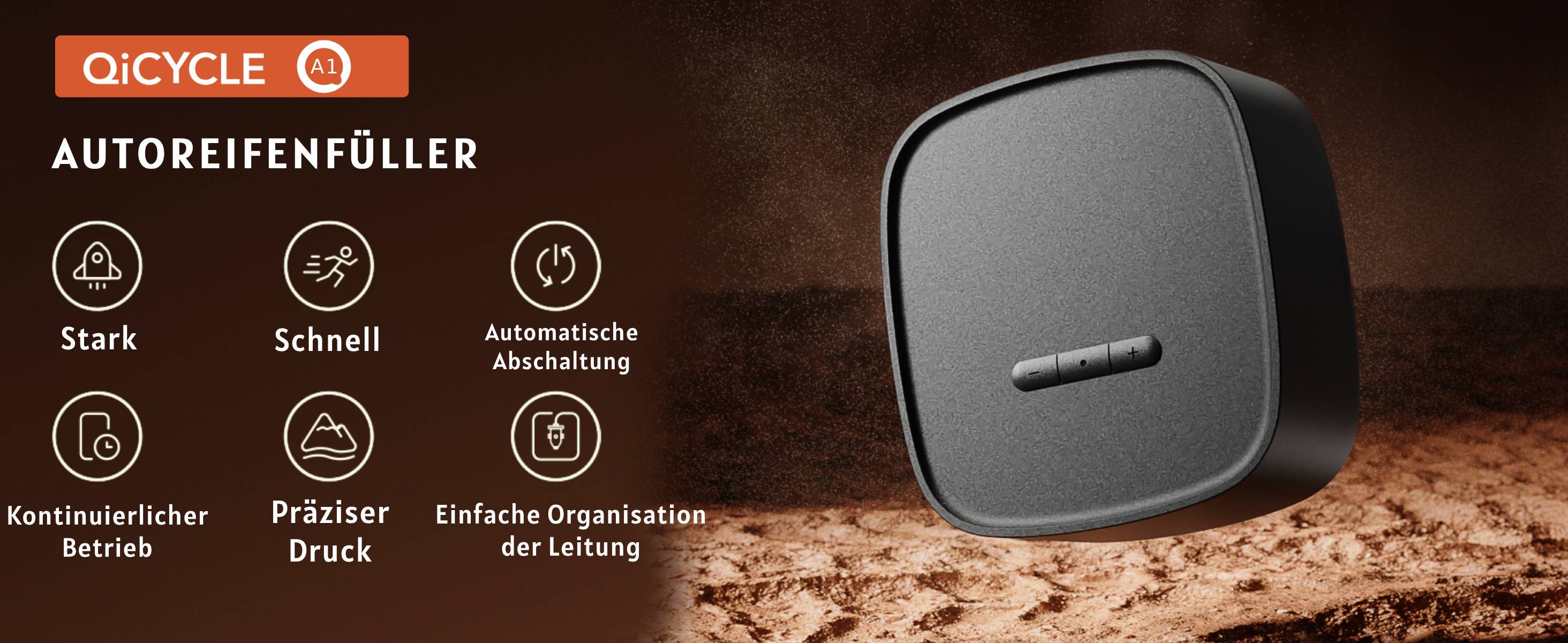 QiCYCLE A1, 12V Elektrische Luftpumpe, Tragbare Autopumpe aus der Xiaomi Eco-Chain, Reifenfüllkompressor,  mit ein Schrader-/Presta-Anschluss