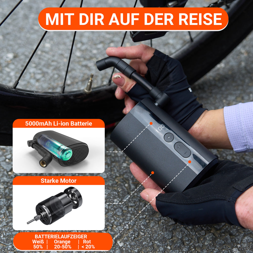 QiCYCLE M1Reifenpumpe, elektrisch und kompakte, max 10,3bar 10L/min für  Fahrräder; Luftdruckanzeige, 5000mAh Akku, mit ein zusätzlich Anschluss