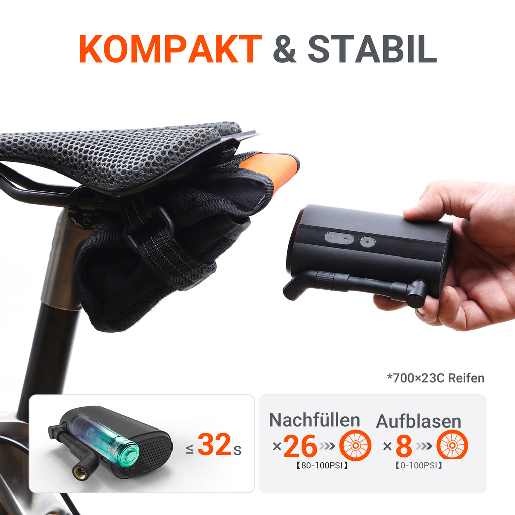QiCYCLE M1Reifenpumpe, elektrisch und kompakte, max 10,3bar 10L/min für  Fahrräder; Luftdruckanzeige, 5000mAh Akku, mit ein zusätzlich Anschluss