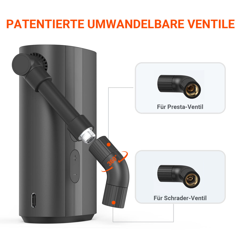QiCYCLE M1Reifenpumpe, elektrisch und kompakte, max 10,3bar 10L/min für  Fahrräder; Luftdruckanzeige, 5000mAh Akku, mit ein zusätzlich Anschluss